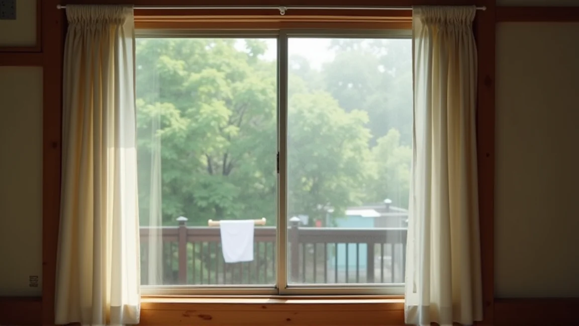 窓を少し開けて換気する梅雨の室内