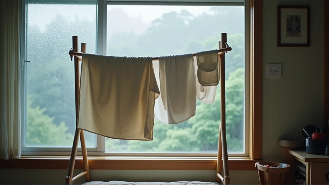 梅雨の窓辺で室内干しされた洗濯物と曇り空