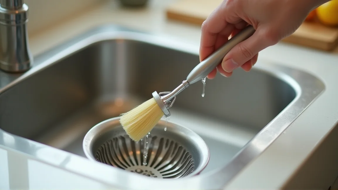 排水口のゴミ受けをブラシで掃除する手元
