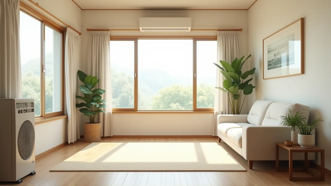 エアコンとサーキュレーターで快適に整えられた部屋の全体像