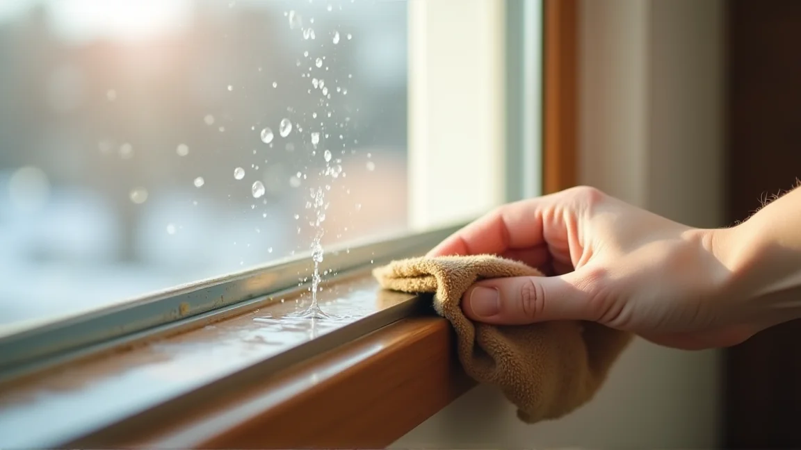 窓サッシのレールにたまった水分を布で拭き取る様子
