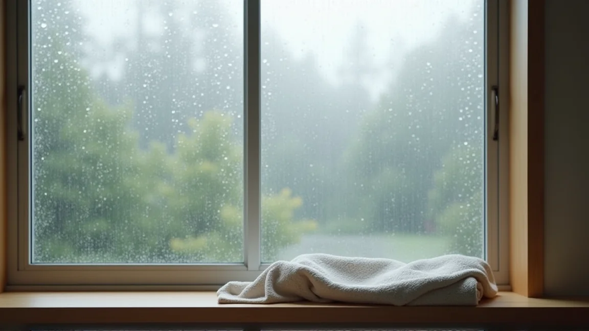 梅雨の朝に水滴がついた窓ガラスとマイクロファイバークロス