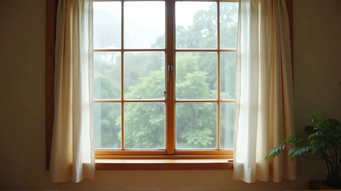 きれいに拭き上げられた梅雨の窓辺とサッシ