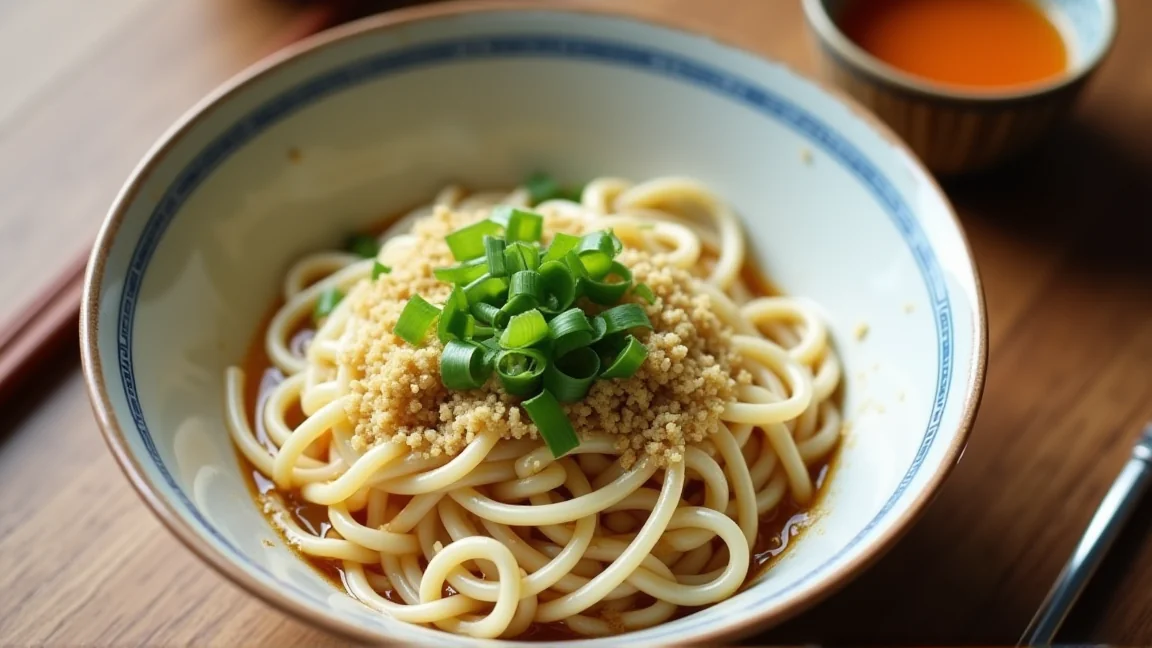 冷やしうどんに薬味をのせた完成皿