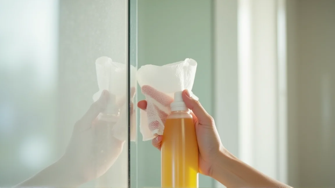 鏡にキッチンペーパーとラップでクエン酸パックをしている手元