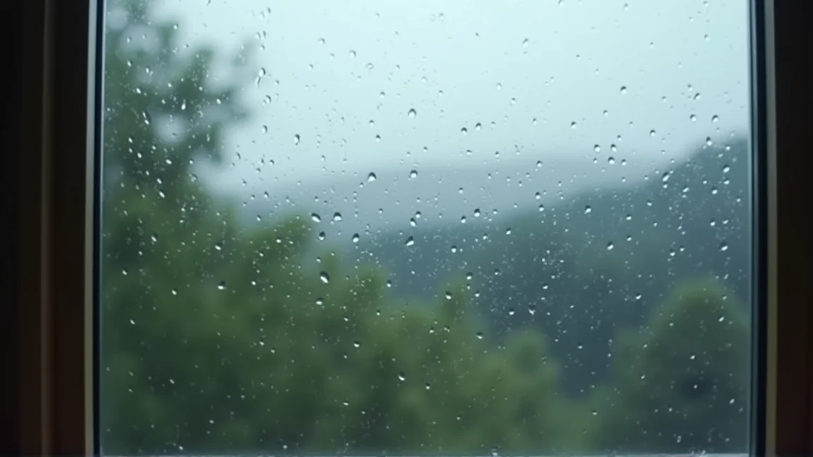 雨に濡れた窓ガラスと曇り空