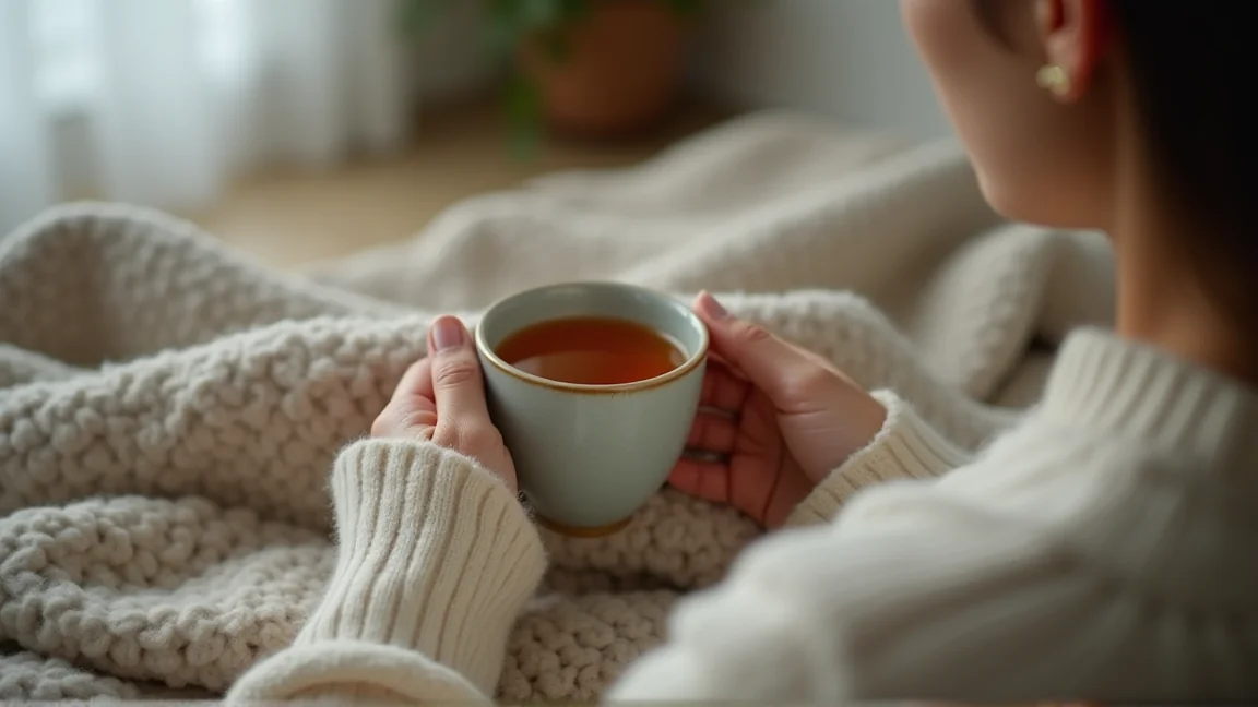 ソファでお茶を飲みながらリラックスする手元