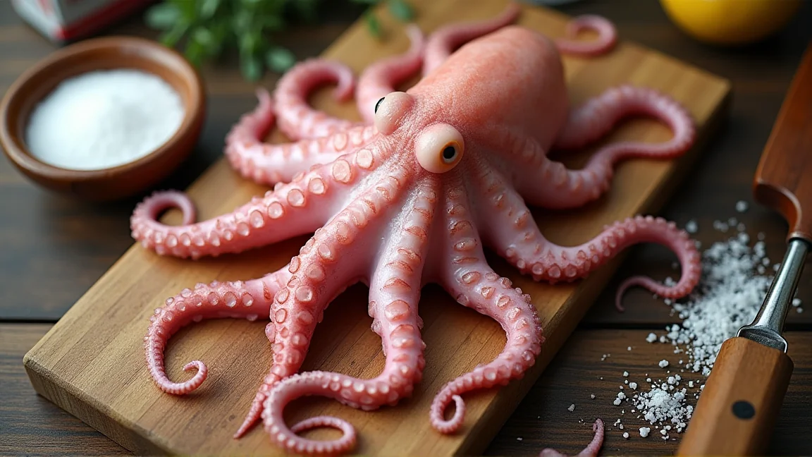 まな板の上に置かれた生のタコと粗塩