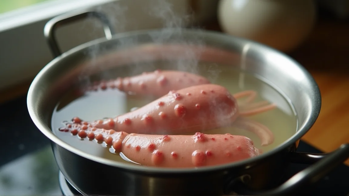 鍋の中で茹でられているタコの足