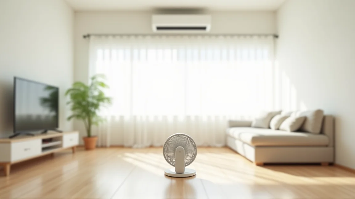 リビングでサーキュレーターが空気を循環させエアコンと併用している様子