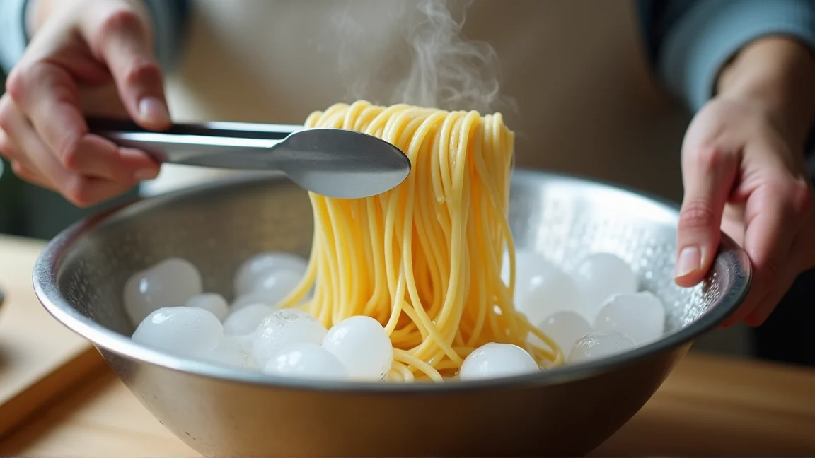茹で上げたパスタを氷水のボウルで締めている手元の様子