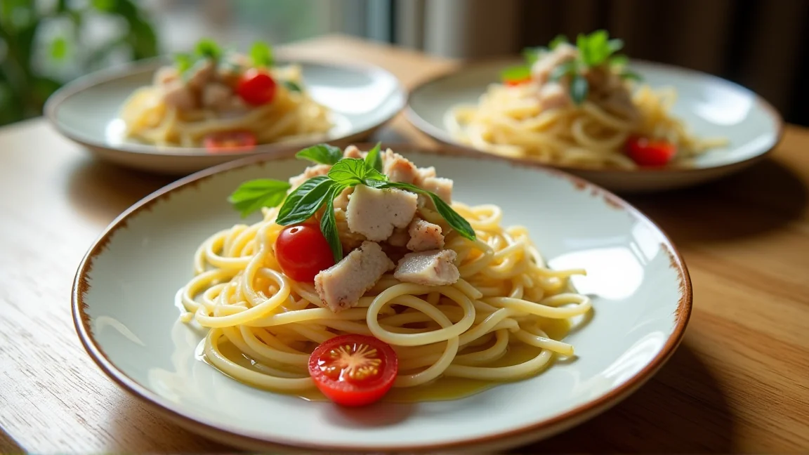 トマト・ツナ・しらすなど数種類の具材をのせた冷製パスタの盛り付け