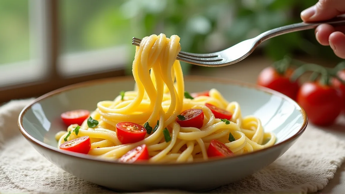 完成した冷製パスタを器に盛り付けてフォークで取り分ける様子