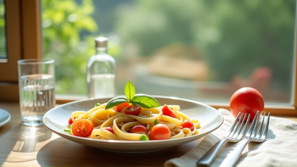 夏の食卓に置かれた完成した冷製パスタとカトラリー