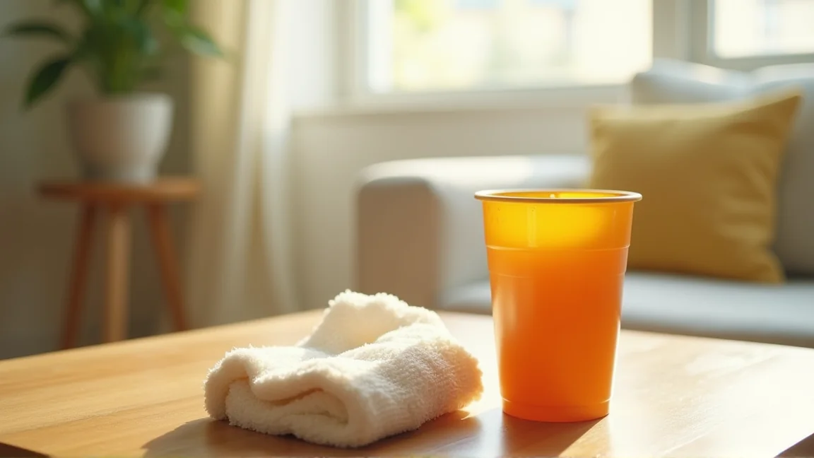 室内で水分補給する子どものコップとタオル