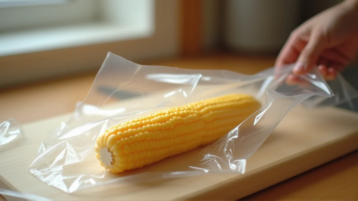 茹で上がったトウモロコシを温かいうちにラップで包んで保存する様子