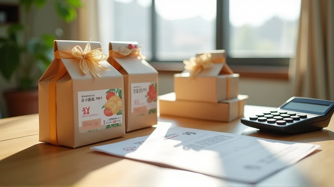 机の上に並んだ返礼品の箱と寄付の申し込み書類