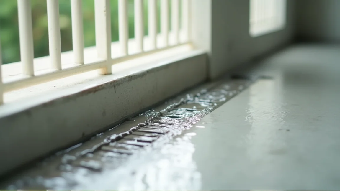 掃除が終わって水がスムーズに流れるきれいなベランダの排水口