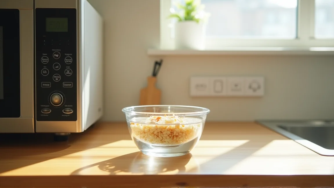 耐熱ボウルに入れたひじきと水を電子レンジ前に置いた様子