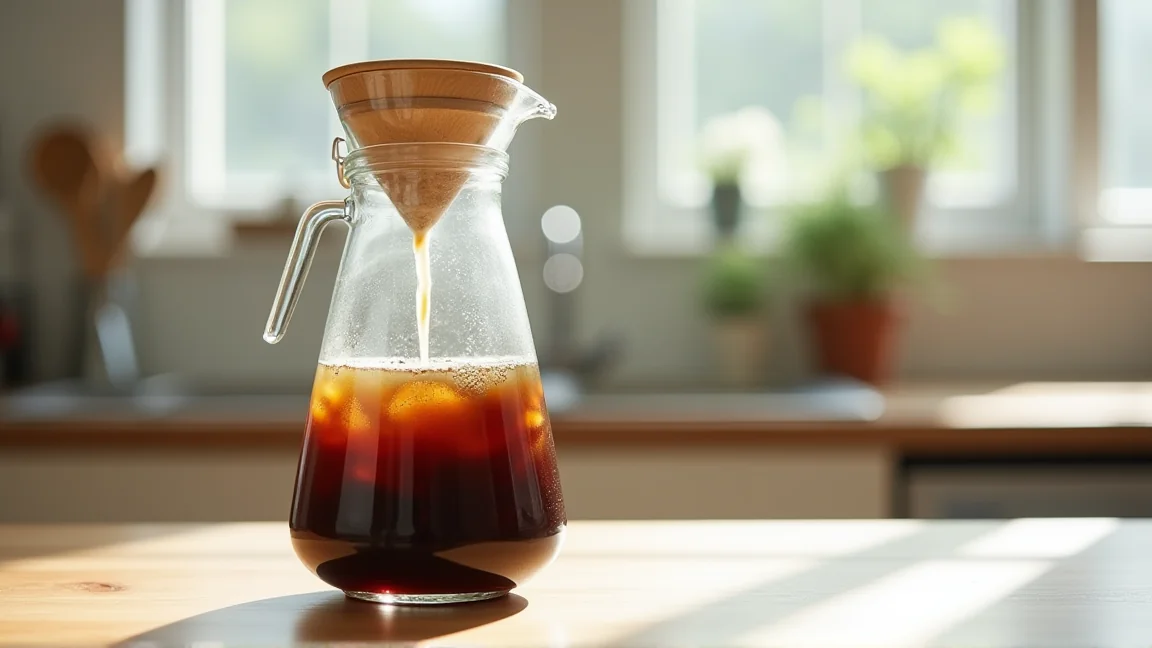 透明なボトルで水出しコーヒーを抽出している様子