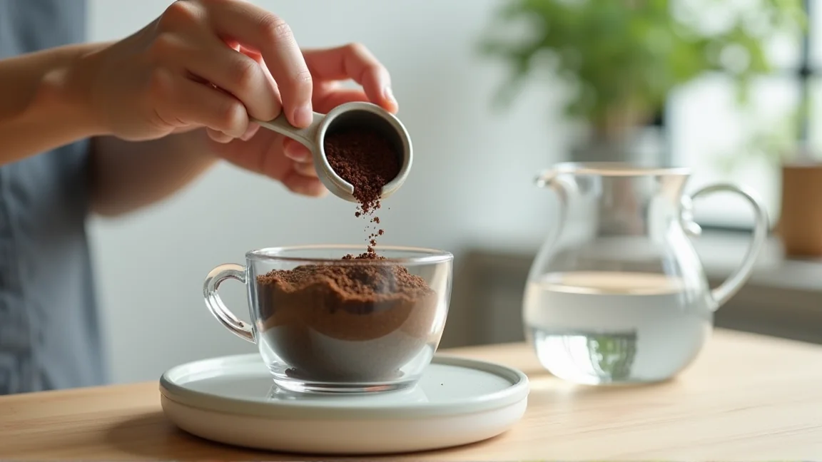 キッチンスケールでコーヒー粉と水を計量している手元