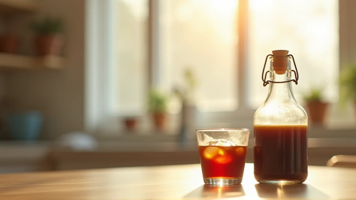 完成した水出しコーヒーとボトルをキッチンに並べた様子