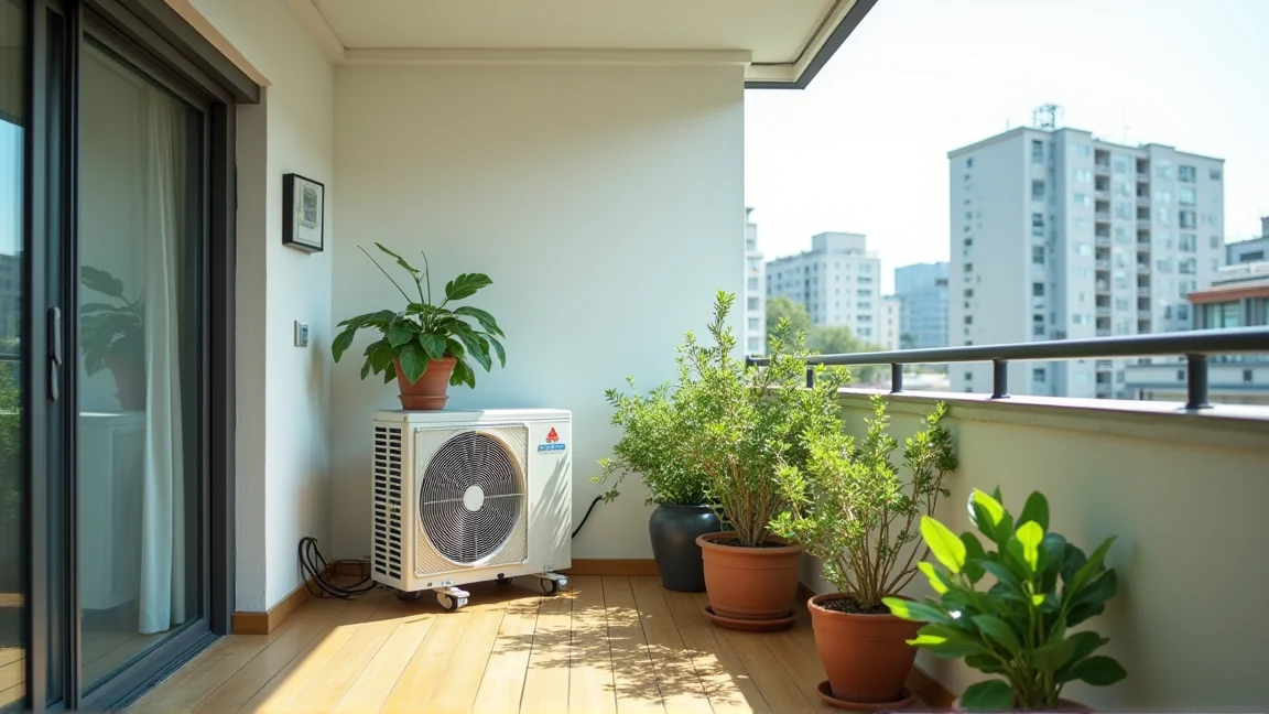 ベランダに置かれた室外機の前にある植木鉢や荷物を片付ける様子