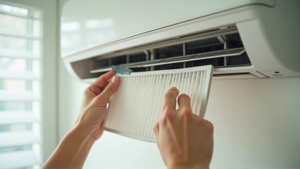 エアコンのフィルターを外して掃除機でホコリを吸い取る手元