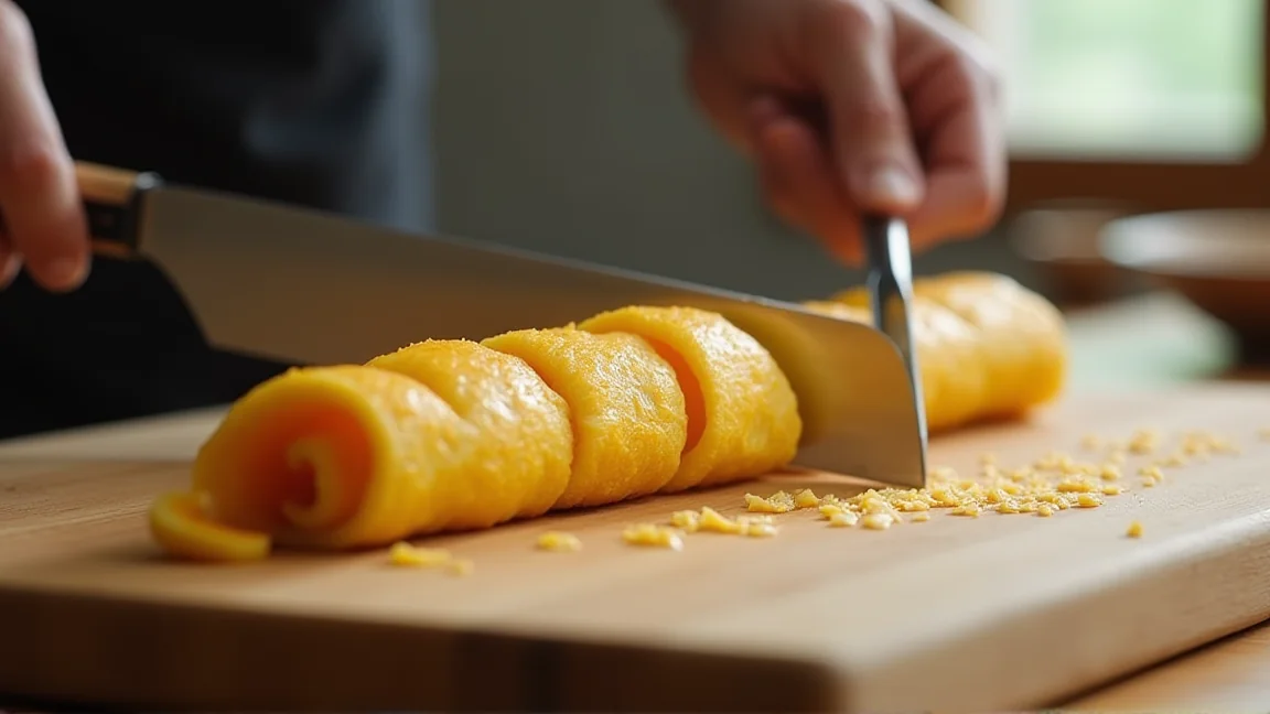 焼きたての卵焼きをまな板の上で切り分ける様子