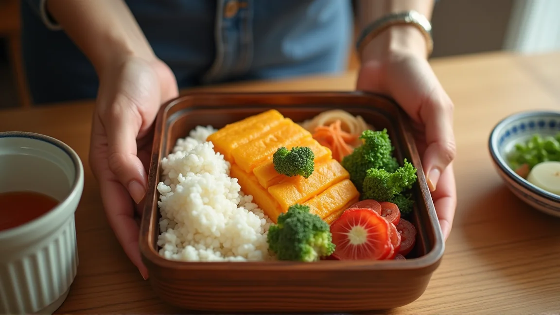 弁当箱に卵焼きやおかずを詰めている様子