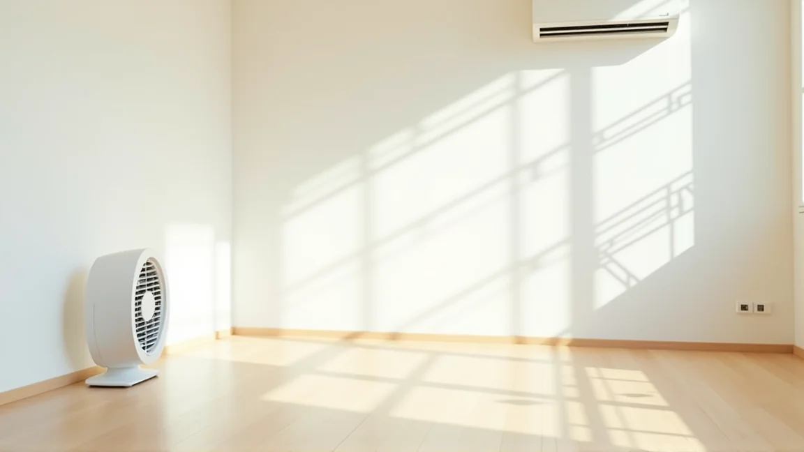 エアコンの下に置かれたサーキュレーターが部屋の空気を循環させる様子