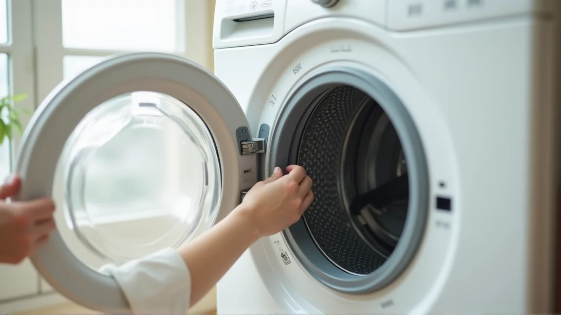 ドラム式洗濯機のドアを開けてゴムパッキンと内部を確認する手元