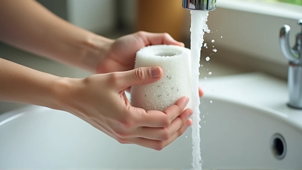 糸くずフィルターを取り出して流水で洗っている手元