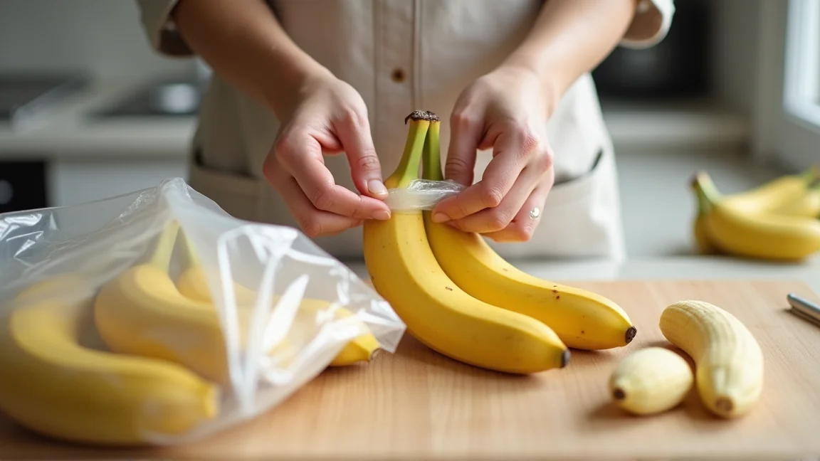 ヘタをラップで包み一本ずつにしたバナナを保存袋に入れる手元