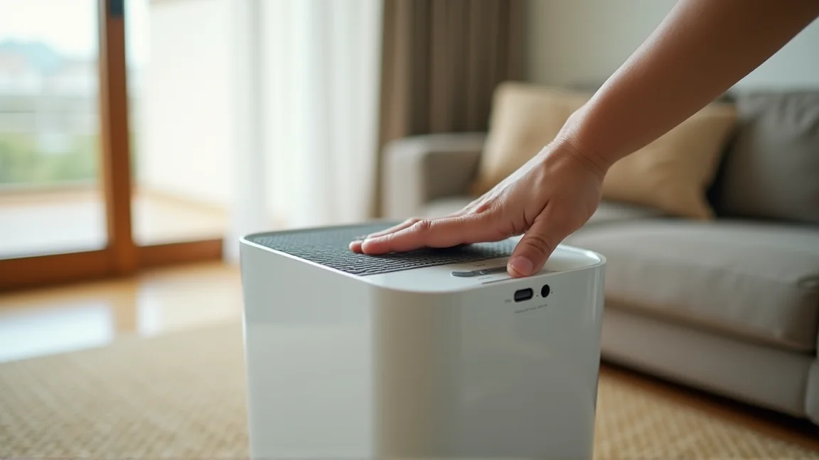 タワーファンの吸気口を掃除機のノズルで吸っている手元