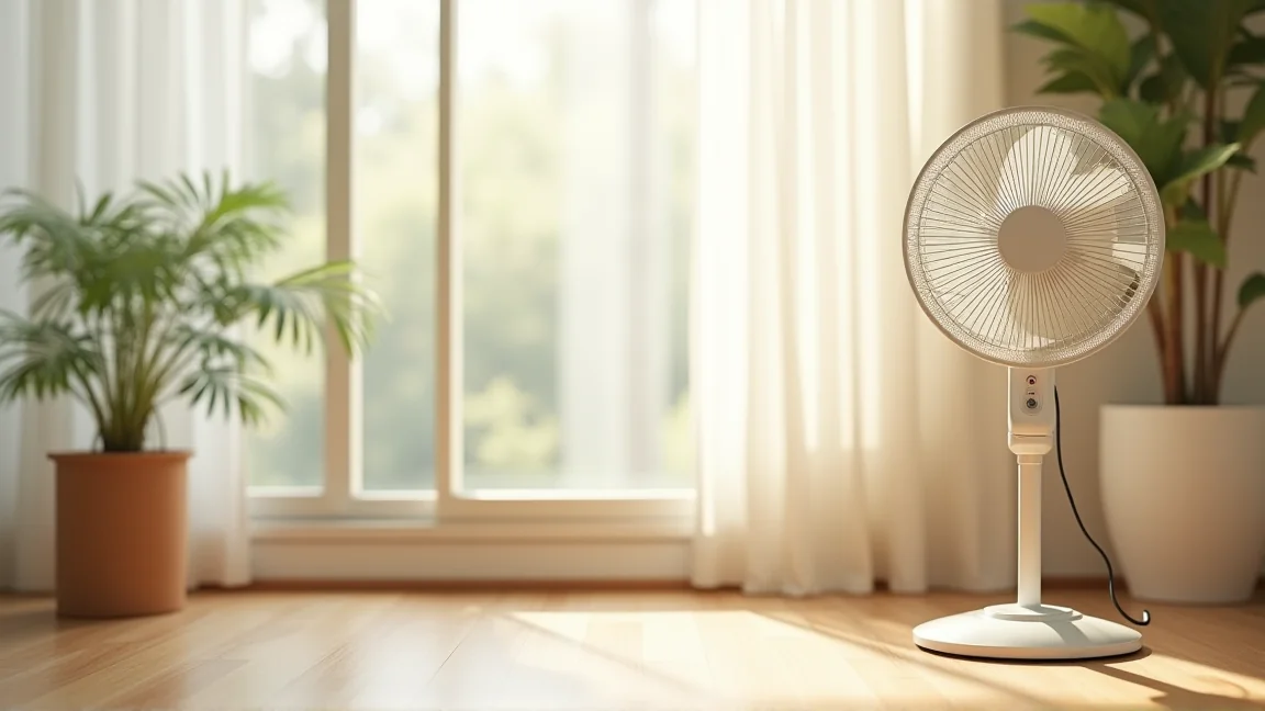 掃除を終えてきれいになった扇風機が置かれた明るいリビング