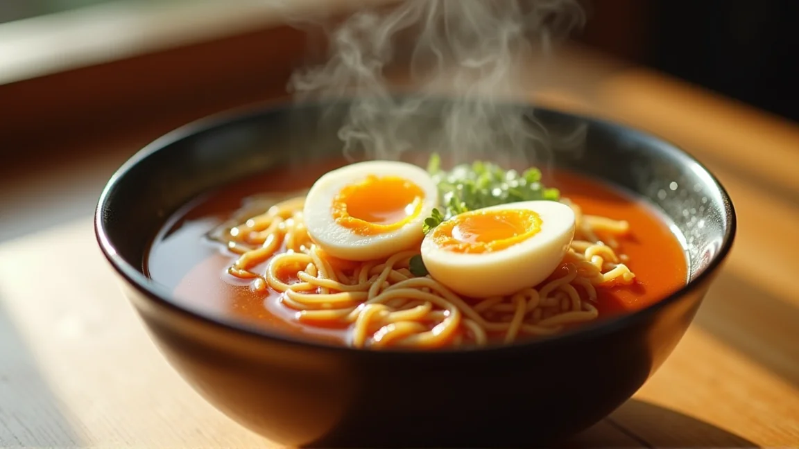 ラーメンの上に乗せた半熟煮卵