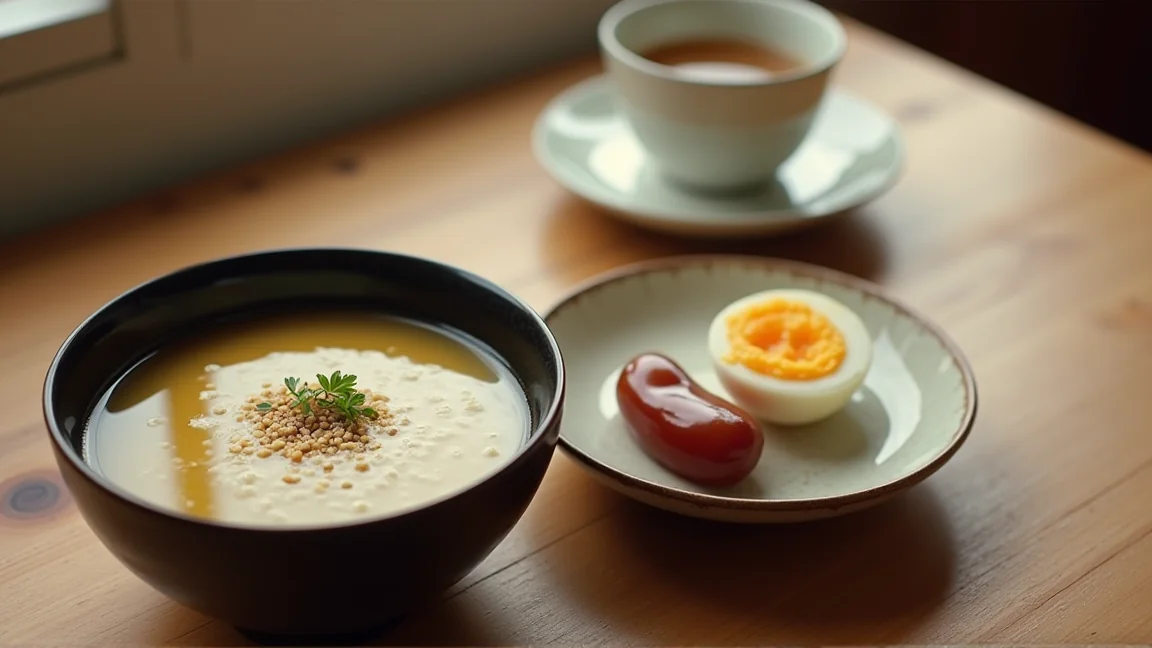 食欲が落ちた日の朝食として、お粥と味噌汁、卵、梅干しを並べた食卓