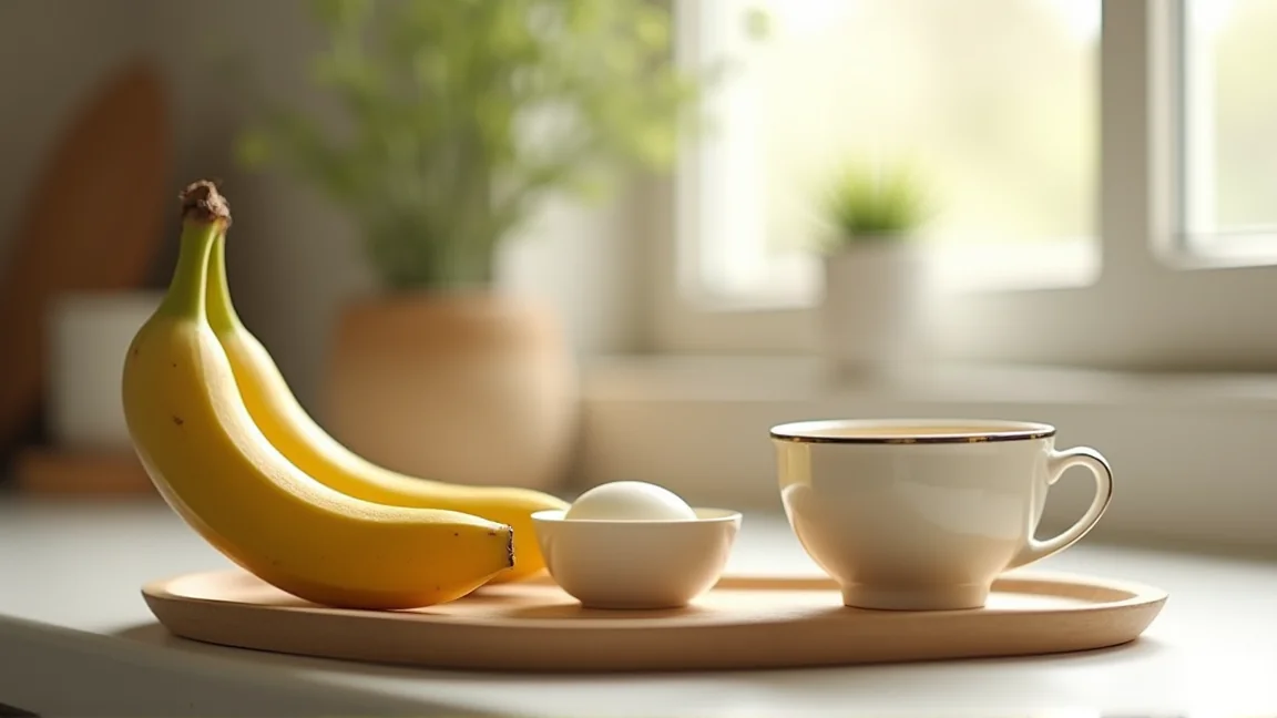 バナナ、ヨーグルト、ゆで卵、麦茶を小さな朝食セットにしたキッチンの風景