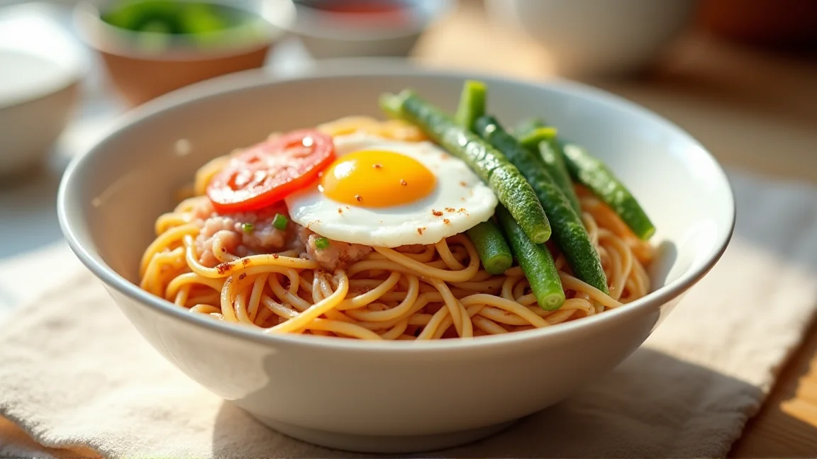 そうめんに卵、トマト、オクラ、ツナをのせた夏の昼食