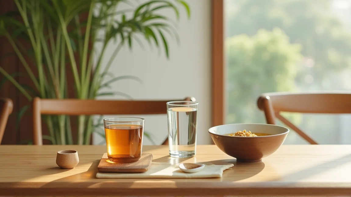 冷たい飲み物だけでなく温かい味噌汁と水を並べてバランスを取る食卓