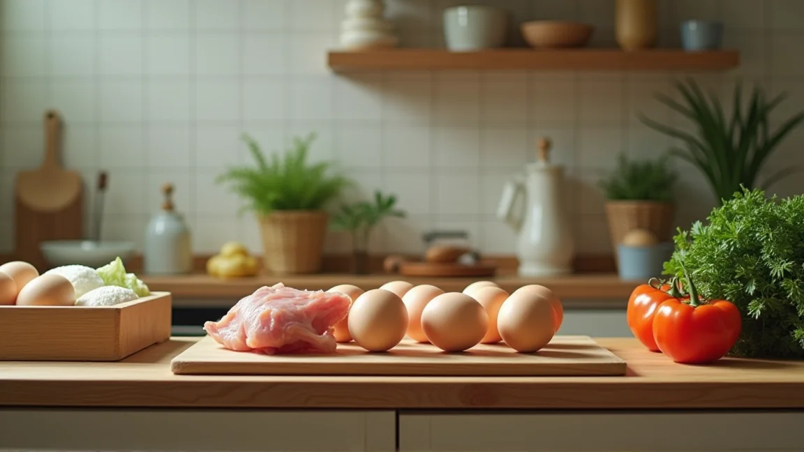 一人暮らしの小さなキッチンで、卵、野菜、肉を並べて簡単な自炊準備をしている様子