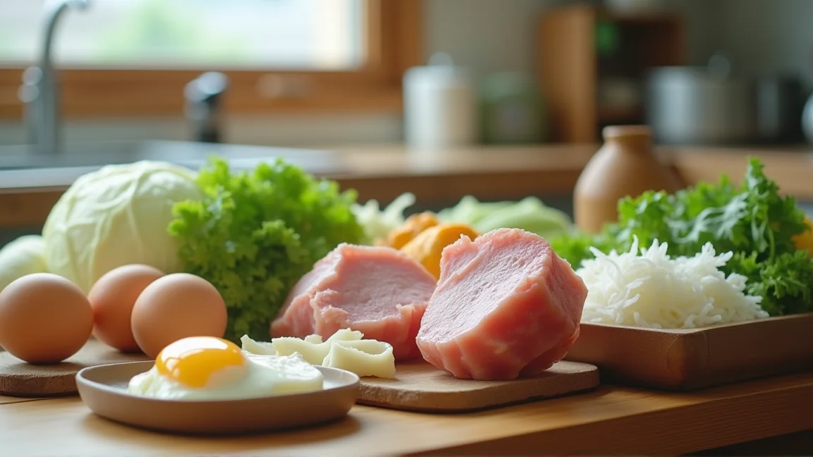 スーパーで買った卵、豆腐、豚肉、キャベツ、冷凍野菜をキッチンに並べた買い物セット