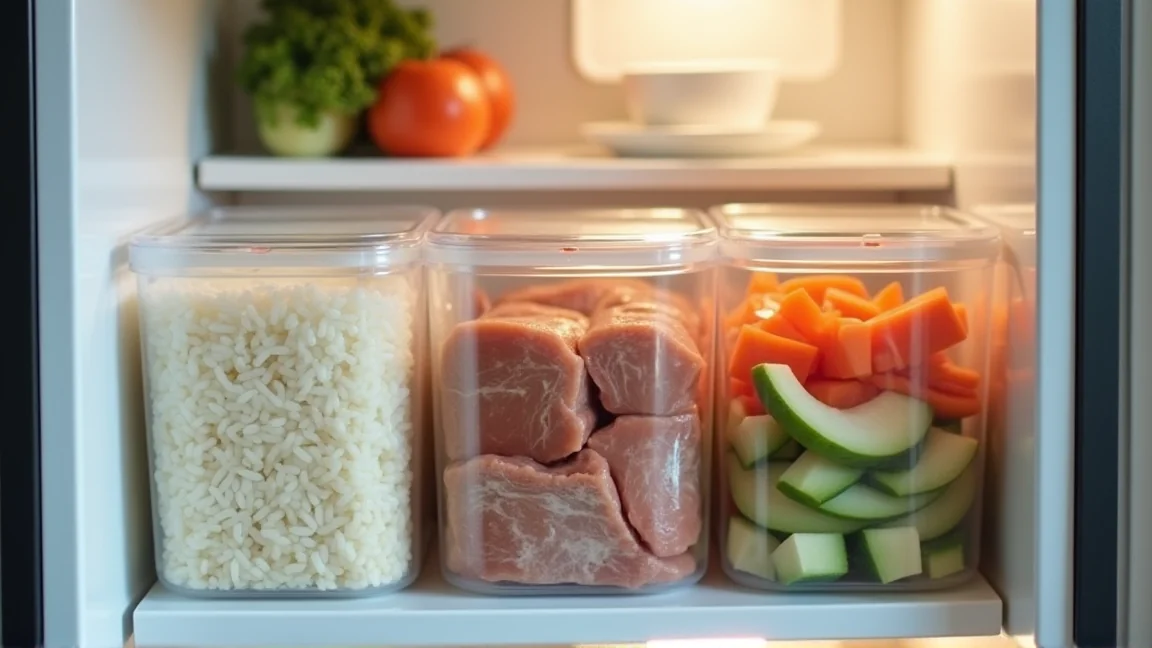 冷凍ごはんと小分けした肉、カット野菜を冷凍庫に整理して入れている様子