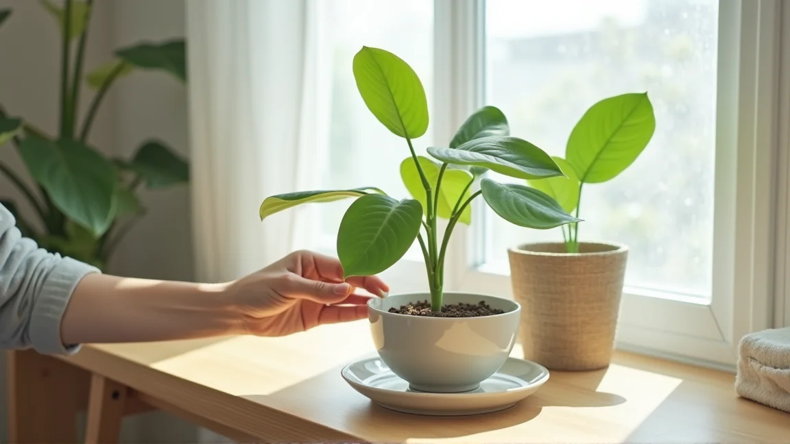 観葉植物の受け皿の水を捨て、土の表面を確認している明るいリビング