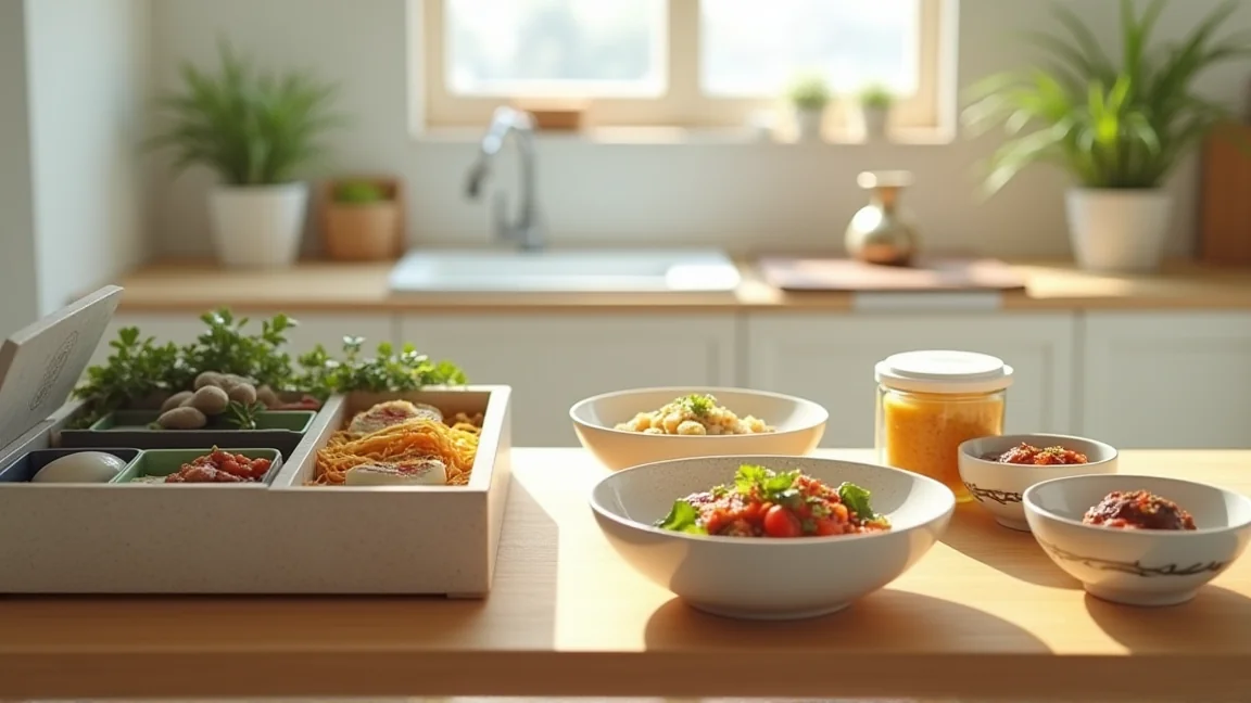 朝のキッチンでお弁当箱、保冷剤、加熱したおかずを清潔に並べている様子