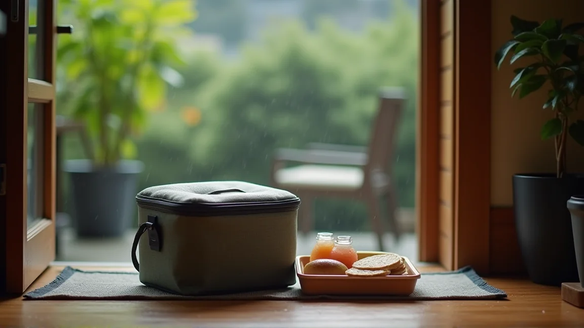 保冷バッグにお弁当箱と保冷剤を入れて、通勤前に準備している玄関