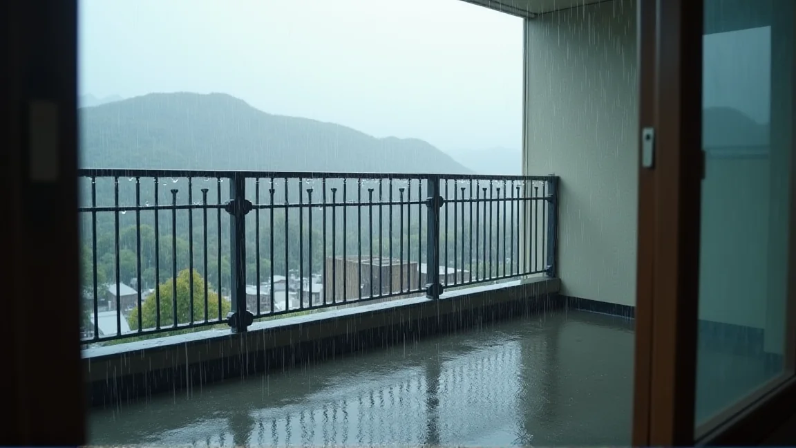 雨が続く梅雨時期のマンションのベランダと曇り空