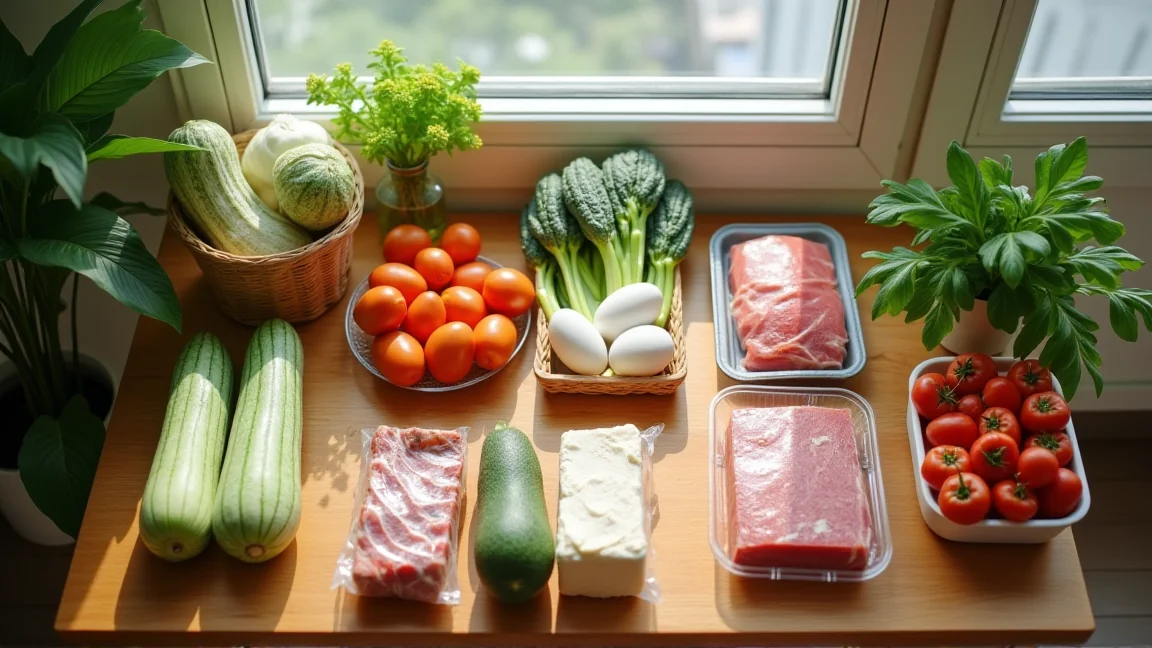 1週間分の食材をテーブルに並べた様子