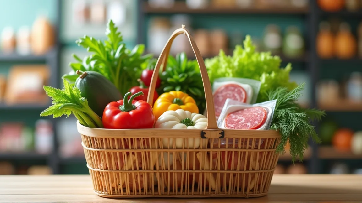 スーパーの買い物かごに入った野菜や肉のパック